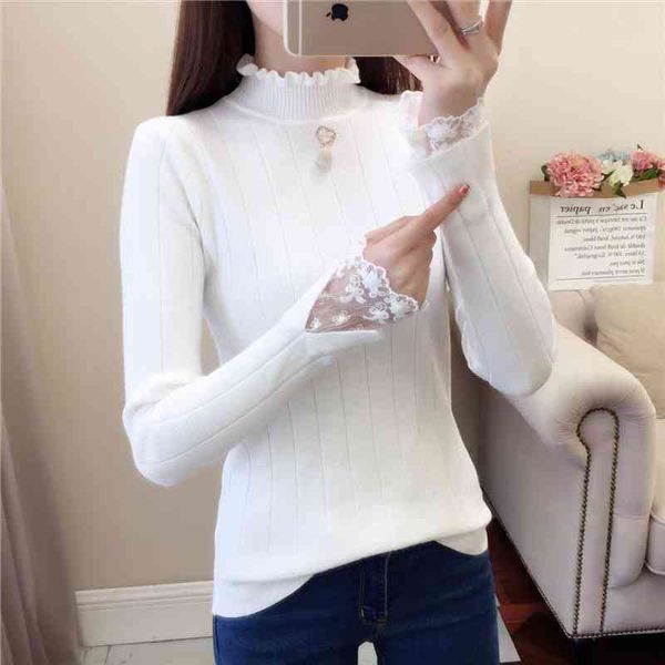 

half turtleneck sweater women korean knit sweater lace slim long sleeve pullover casual autumn winter, White;black