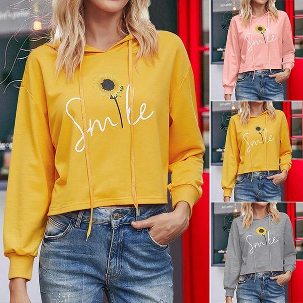 

women's hoodies & sweatshirts kili hoodie long sleeve drawstring smile print short sweatshirt, Black