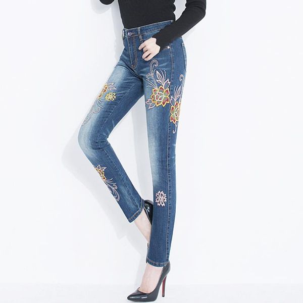 

summer women embroidery stretch skinny pencil denim trousers , spring woman designer bleached jeans pants with embroidered women's, Blue