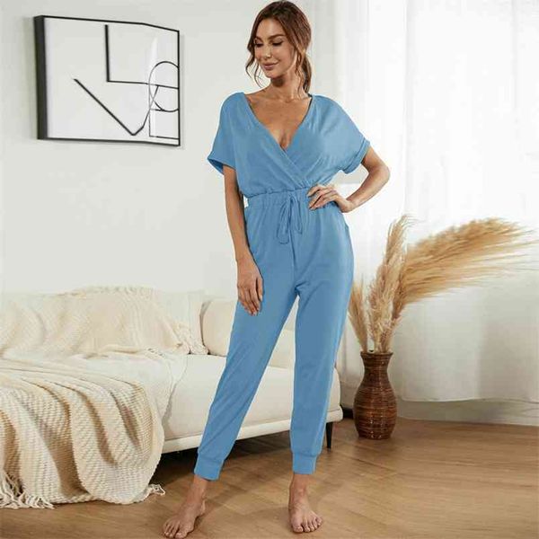 

women jumpsuits summer cross v neck elastic waist lace up pocket slim overalls female solid short sleeve pencil romper 210522, Black;white