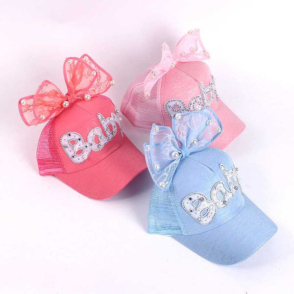 

summer bowknot children net hat girl fashion pearl baseball cap korean baby, Yellow