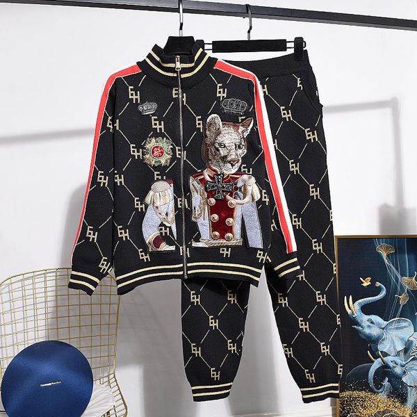 

women's two piece pants autumn fashion embroidery knitted tracksuits outfits women loose turtleneck zipper cardigan sweater pencil set, White
