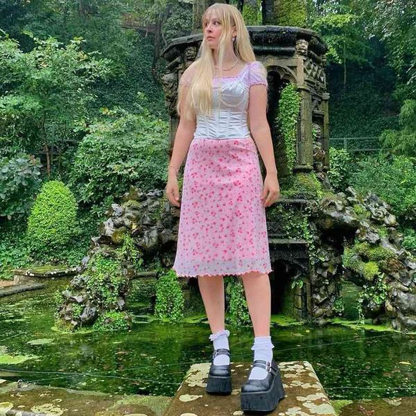 

summer mid length over knee a-line skirt women's screen perspective pink floral skirt y2k goth 210602, Black