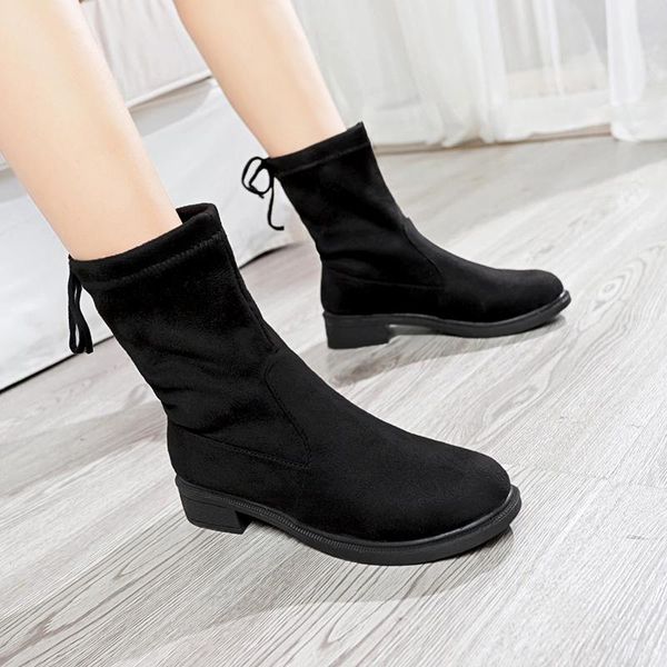 

boots plus size warm plush winter female square mid heels autumn ankle for women shoes woman slip on flock black