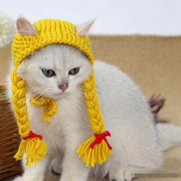 

cat costumes funny pet dog wig cosplay cap for small puppy dogs cats cute lovely girl hair loop head wear knitted hat costume
