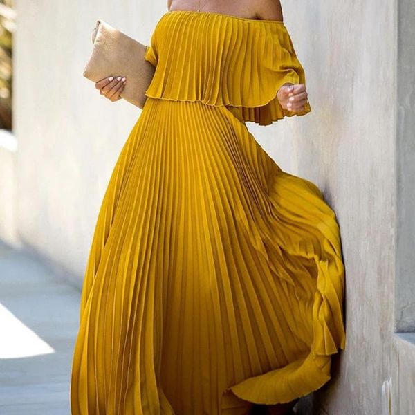 

casual dresses elegant off shoulder chiffon dress women summer ruffle pleated maxi long vacation holiday loose beach solid, Black;gray