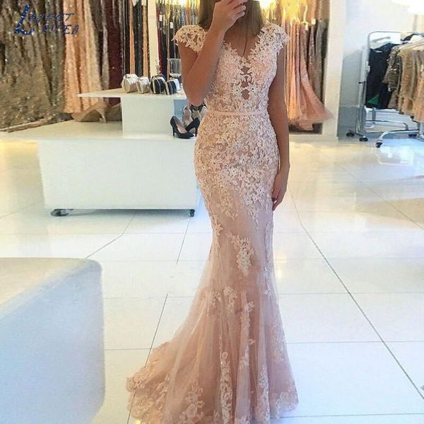 

party dresses layout niceb light pink mermaid long evening v-neckline cap sleeve lace tulle prom gown sweep train vestido de fiesta, White;black