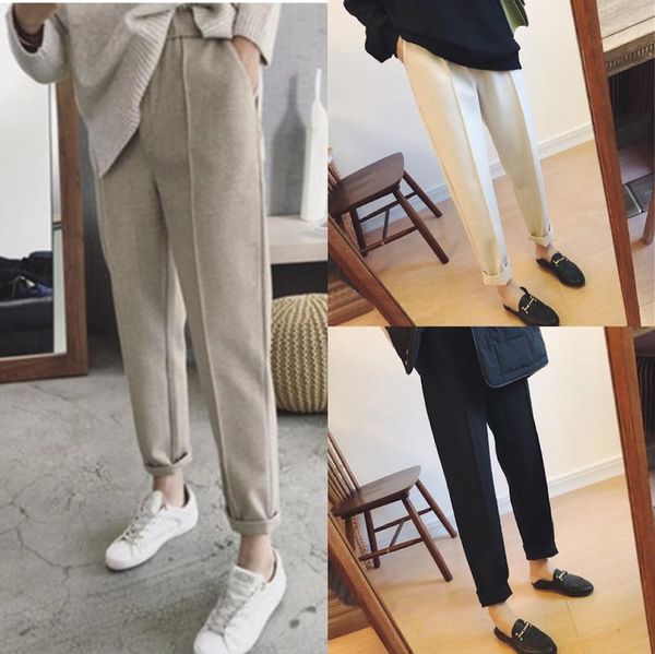 

8827# autumn winter woolen maternity straight pants elastic waist belly clothes for pregnant women pregnancy trousers bottoms, White