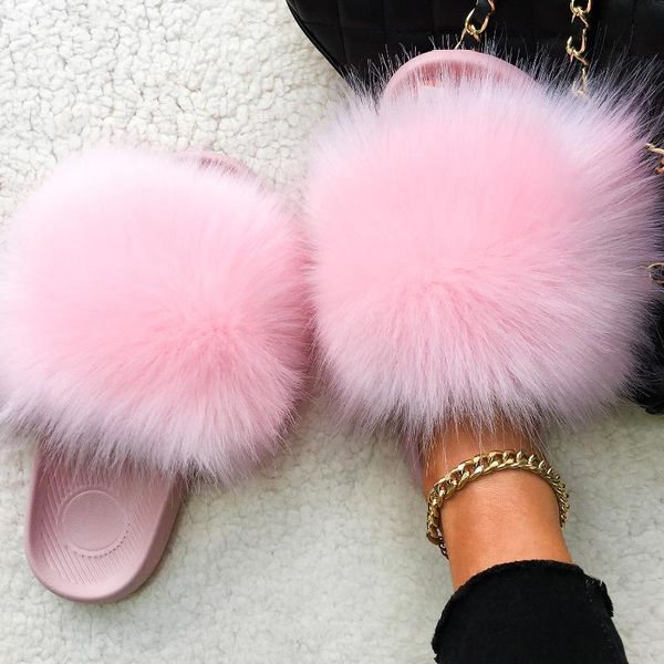 

slippers furry fur fluffy flip flops faux sandals plush raccoon slides casual house women beach flat shoes 2021, Black