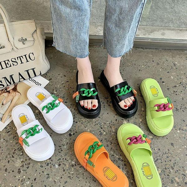

slippers net brown sugar fruit color chain fashion sandals women's summer wear inschao 2021 versatile muffin thick soled beach shoes, Black