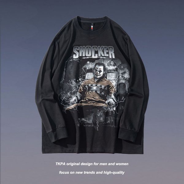 

tkpa fashion brand dark print pullover sweater round neck loose high street lovers make old washed long sleeves, Black