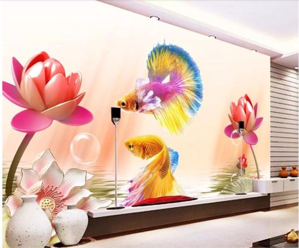 

wallpapers custom po 3d wall paper for living room goldfish lotus color carving tv background murals wallpaper walls 3 d
