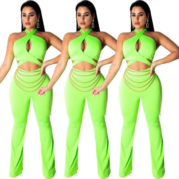

women's jumpsuits & rompers ar5056 europe and the united states 2021 solid color leaky back, wrapped chest, halter neck chain jumpsuit, Black;white
