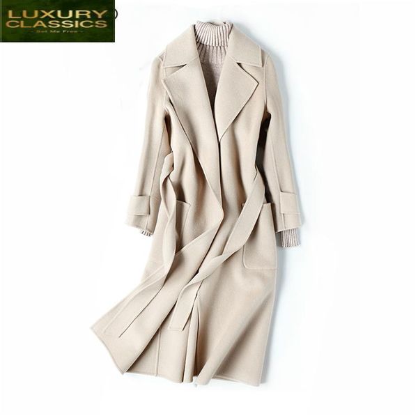 

women's wool & blends winter coats autumn jackets women belt woolen coat female slim long red elegant spring black clothes lwl1325