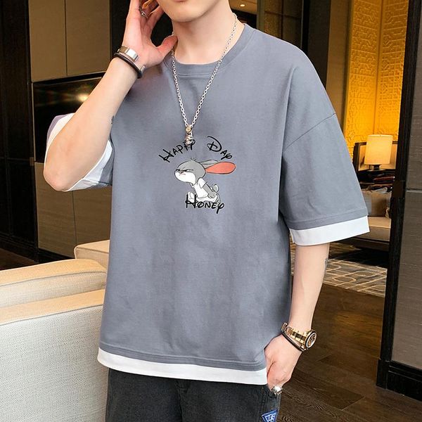 

men's t-shirts summer cotton short-sleeved t-shirt men 2021 round neck fake two-piece korean version of the trend loose sleeves, White;black