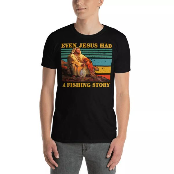 

vintage retro even jesus had a fishing story christian fishing lover t-shirt, White;black