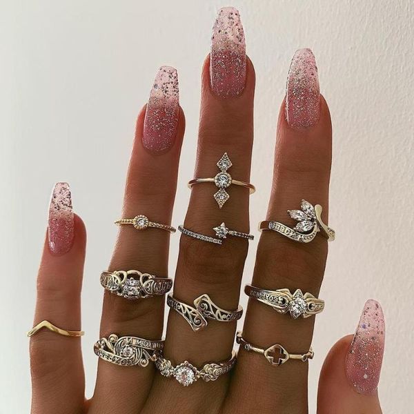 

cluster rings 11 pcs/set women fashion oval crystal crown geometry cross gold finger ring set bohemian vintage jewelry accessories lover gif, Golden;silver
