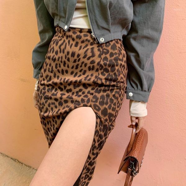 

europe and the united states spring skirt leopard print fashion irregular fork high-waisted bag hip midi, Black