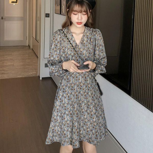 

casual dresses women vintage floral print fashion high waist female dress vestido spring autumn long sleeve, Black;gray