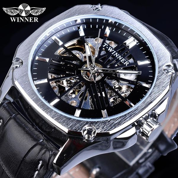 

winner classic square sier dial design stainless steel black leather belt men automatic watches brand luxury, Slivery;brown