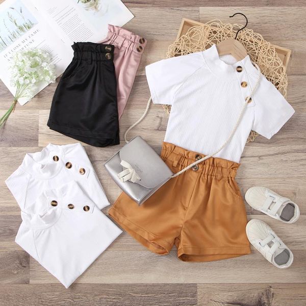 

clothing sets 2pcs toddler summerÂ outfit girls solid color buttons short sleeves + elastic waist shorts 1-6 years 3 colors, White