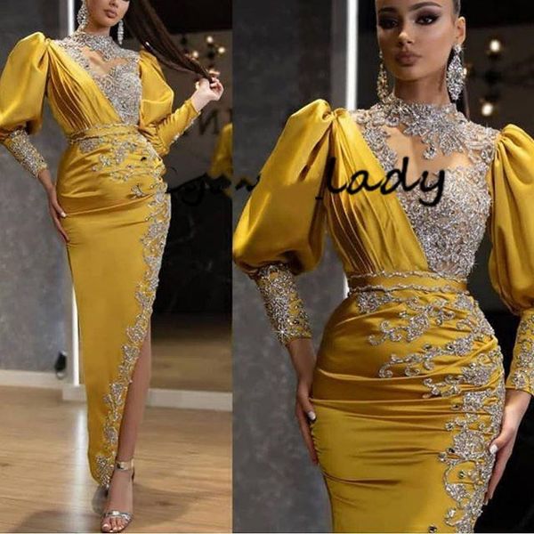 

ankle-length arabic evening formal dresses 2021 sparkly crystal beaded lace high neck long sleeve slit occasion prom dress, Black;red