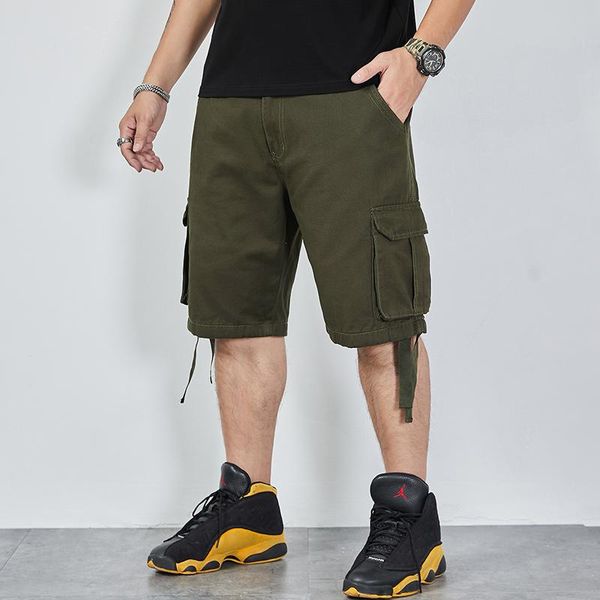 

men's shorts summer multi-pocket casual knee length pants thin military cargo tactical cotton loose work short pant male, White;black