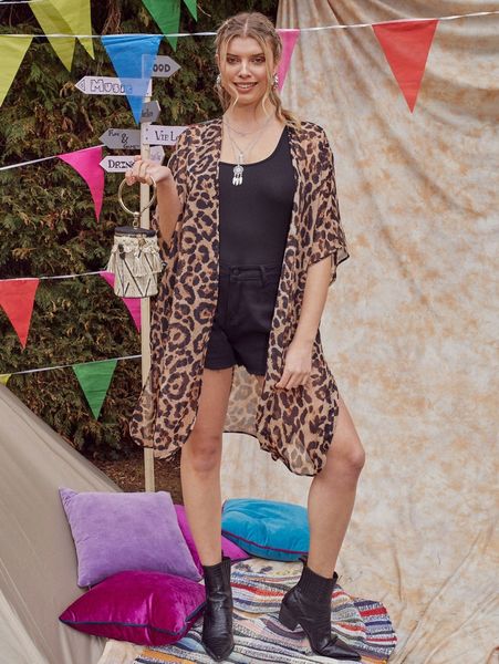 

plus batwing sleeve leopard chiffon kimono d3un#, Black