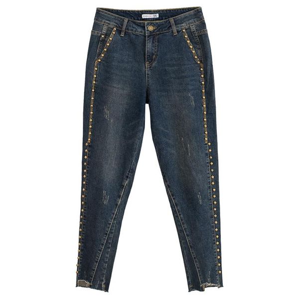 

spring fall casual fashion womens high waisted beading tassel harem denim trouses , stretch beads jeans pants for woman women's, Blue