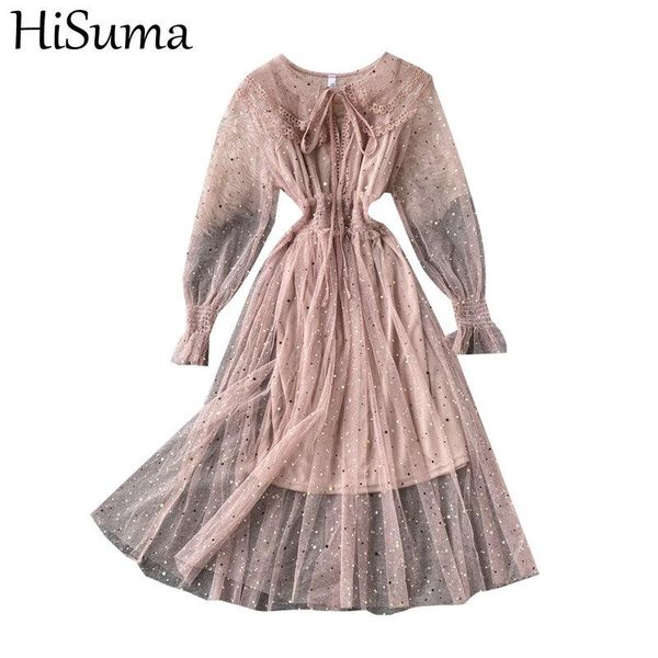 

spring autumn women flare sleeve bling sequin star ruffle pleated chic dress lady bead elastic slim mesh gauze midi casual dresses, Black;gray