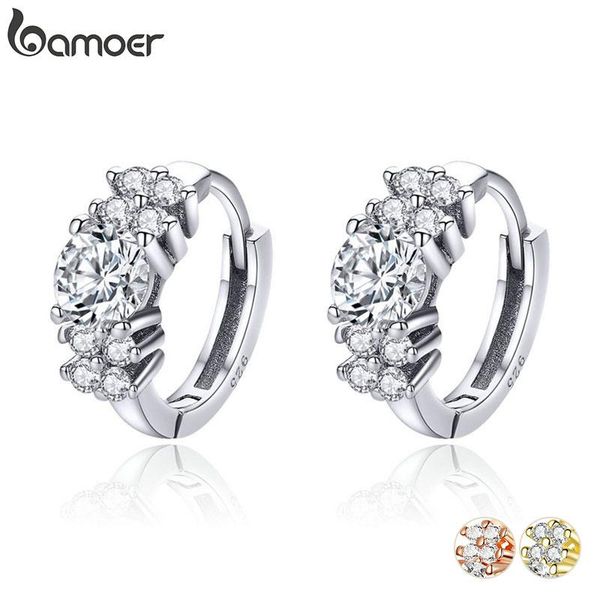 

hoop & huggie bamoer 925 sterling silver crystal round circle clear cubic zircon earrings for women jewelry sce485, Golden;silver