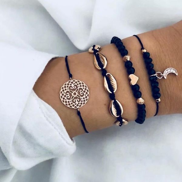 

charm bracelets women shell moon bracelet set for ladies map heart crystal bead rope chains bangle boho jewelry gift, Golden;silver