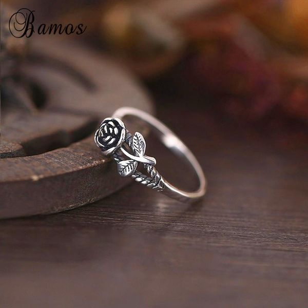 

wedding rings bamos rose flower ring 925 sterling silver filled promise band elegant leaves metal for women girls fine jewelry, Slivery;golden