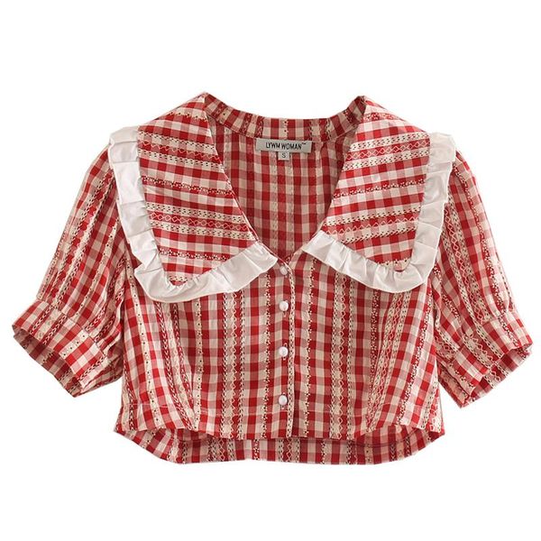 

women's blouses & shirts agong sweet turn down collar women fashion red plaid printed elegant buttons short female ladies es, White