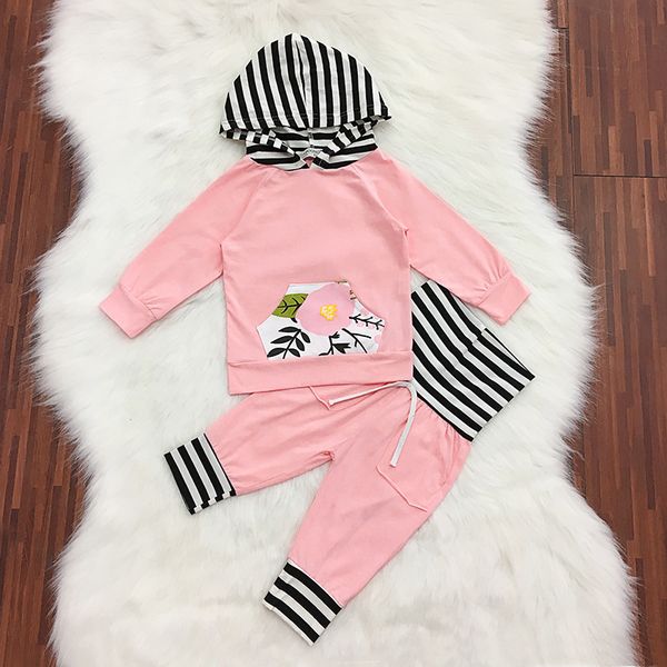 

girl solid color long sleeve and stripe hooded sweater pants children suit, White