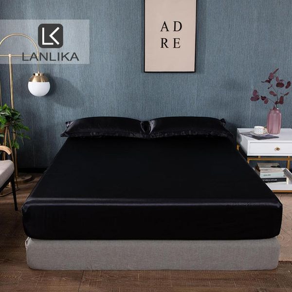 

sheets & sets lanlika 1pcs satin silk black luxury fitted sheet mattress cover elastic rubber band printed bed for women men sell
