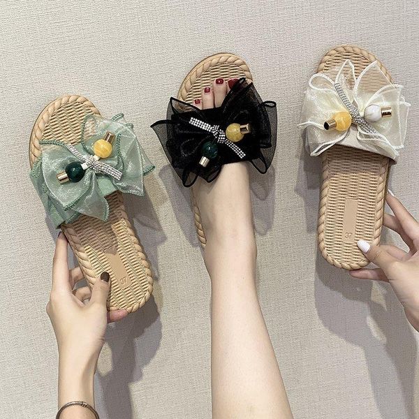 

slippers sweet bowknot women's shoes summer flat-bottomed all match lightweight beads diamond sandals non-slip slipper, Black