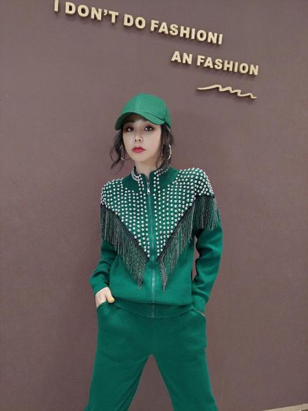 

autumn women's heavy industry rivet fringe knitted cardigan coat harlan pants two piece suit, White