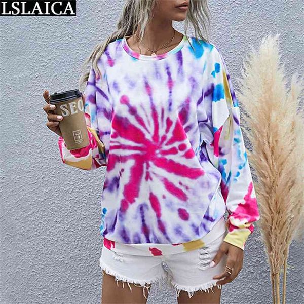 

shirts for women fashion tie dye print long sleeve o neck ladies tshirt oversize autumn female casual streetwear 210515, White