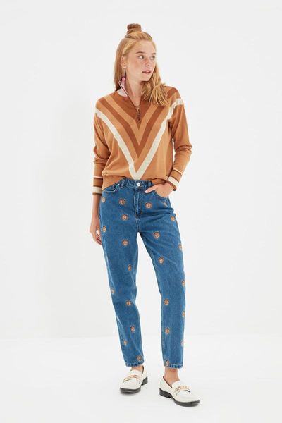 

women's jeans trendyol embroideried high bel mom twoaw22je0863, Blue