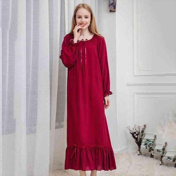 

spring long sleeve cotton nightdress nightgown for women elegant cute princess style sleepwear sleepdress home wear nightgowns, Black;red