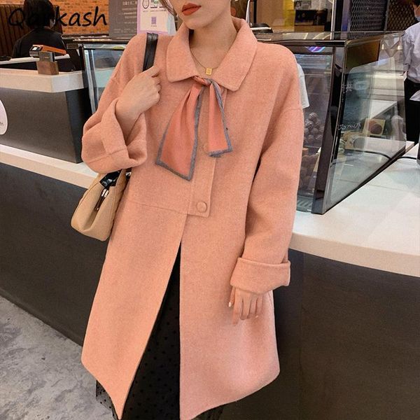 

women's wool & blends women elegant all-match korean style stylish autumn warm pink vintage solid temperament adjustable waist loose ou, Black