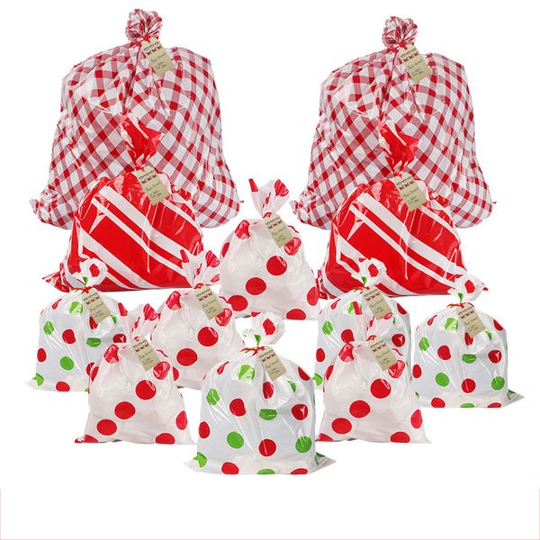 12 pçs / lote Papai Noel Presente Doces Saco Presents Envoltório Plástico Stripe Polka Dot Sacos de Manta De Desejo Feliz Natal Decorações Home Ano Novo JY0703