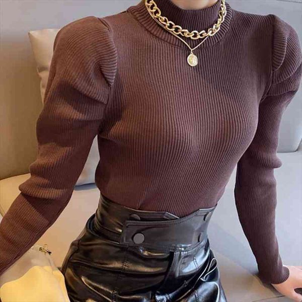 

slim office turtleneck knitted women sweater casual lady winter fashion korean puff long sleeves elastic warm pullovers sweater, White;black