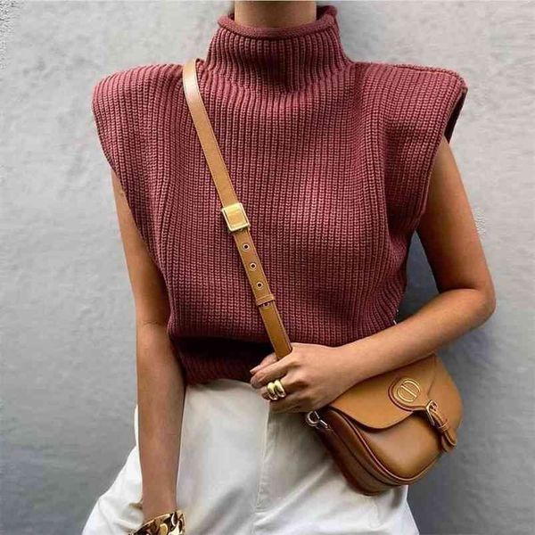 

sleeveless sweater women turtleneck vest white shoulder pads pullover knitted sweater autumn winter casual loose jumpers 210521