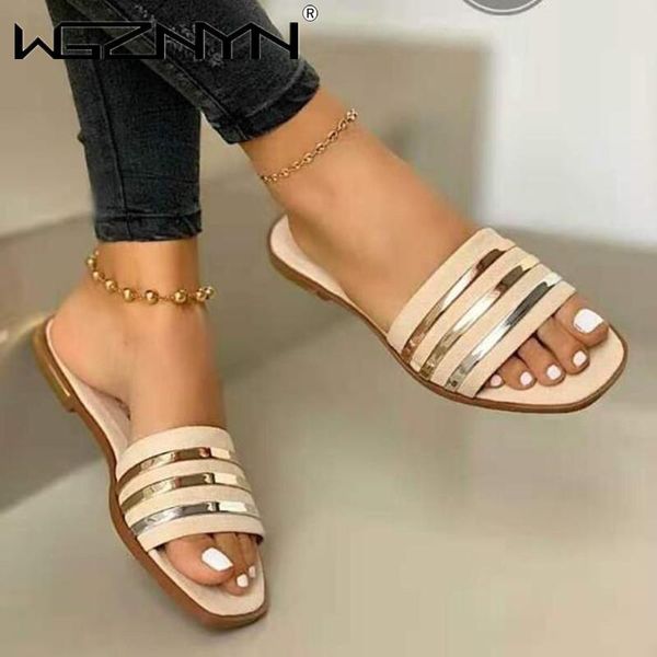 Pantofole da donna Scarpe da spiaggia Donna Slip On Bling Gold Flat Slides Sandali casual femminili da esterno Taglie forti 35-43