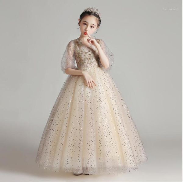

girl's dresses sequin lace girls wedding formal half sleeve flower girl party evening birthday kids prom first communion gown1, Red;yellow