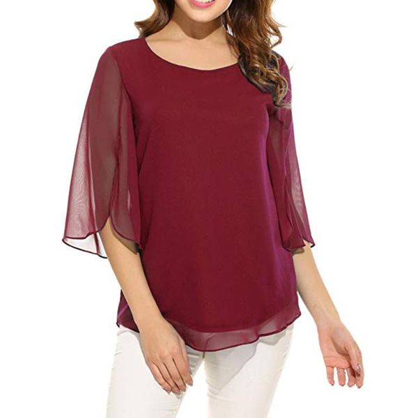 

womens flared sleeves casual shirt o-neck loose half sleeve chiffon tee elegant sweet blouse fashion blusa women's blouses & shirts, White