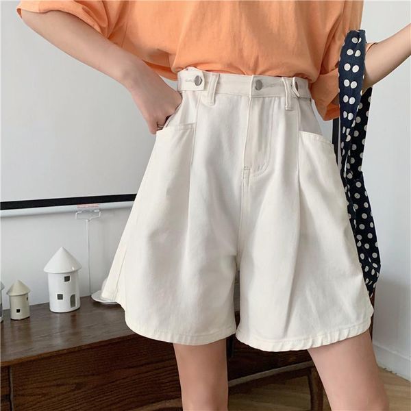 

summer wide leg cuffs women short vintage denim korean style high waist loose pockets solid fashion, White;black