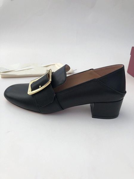 

2021 light luxury classic pure original loafers high heel metal square buckle single shoes calfskin fashion shoes flat shoes 1, Black